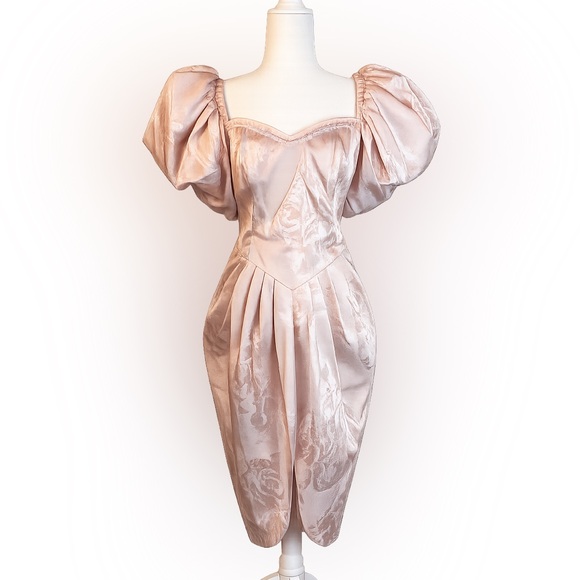 Vintage Satin Blush Pink Puff Sleeve Dress Size 12 - Picture 1 of 13